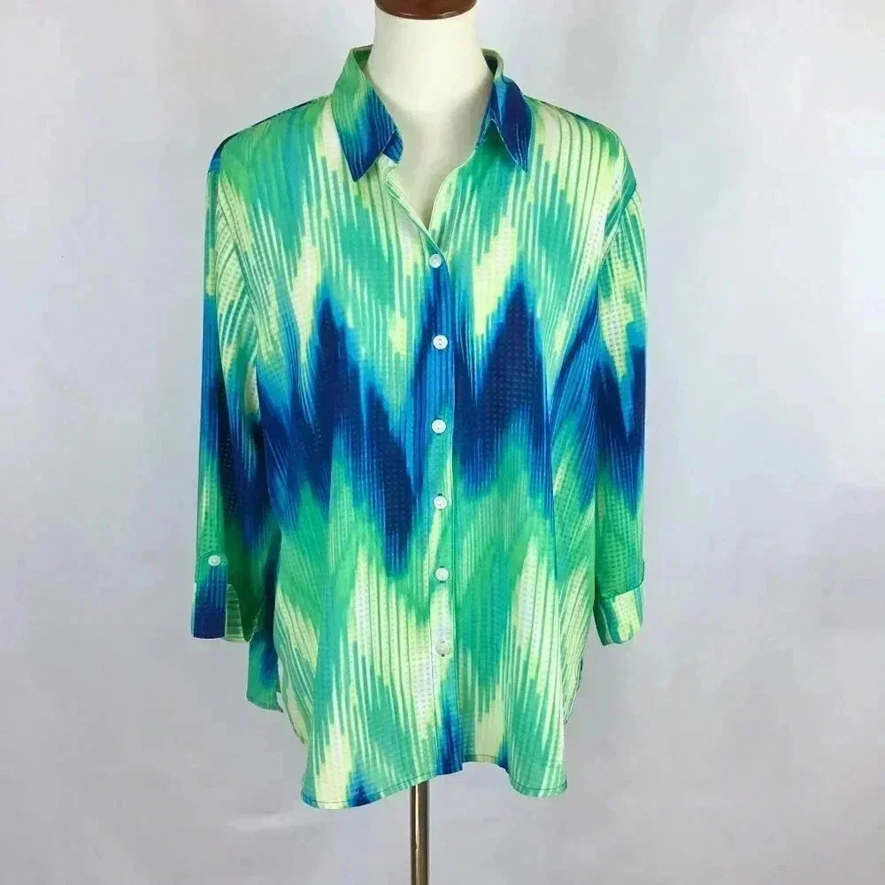 Alia Sheer Gingham Tye Die Button Down Top Shirt Blue Green Yellow Zigzag 16